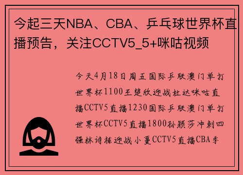今起三天NBA、CBA、乒乓球世界杯直播预告，关注CCTV5_5+咪咕视频